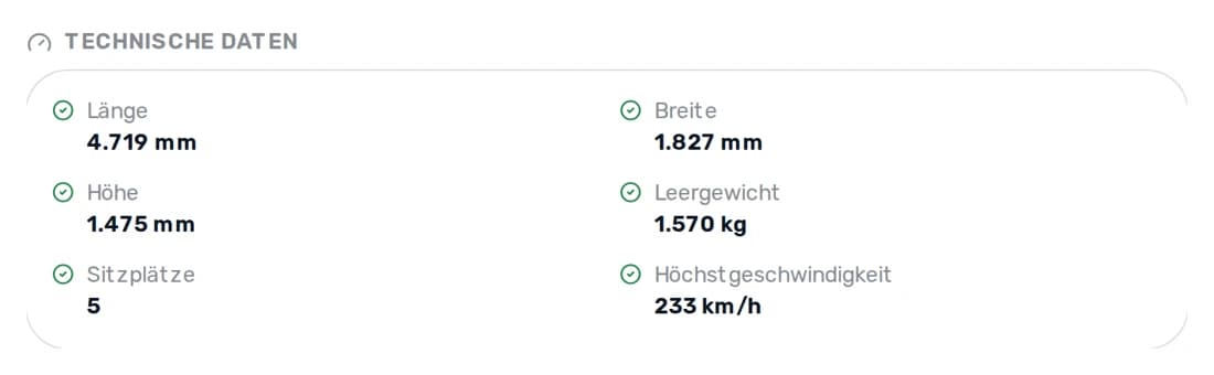 Technische Fahrzeugdaten zu Motor und Antrieb mit Kraftstoff, Hubraum und Leistung